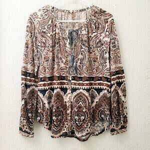 LUCKY BRAND Shirt Medium Boho Aztec Print Tie-Neck Beachy Spring Summer